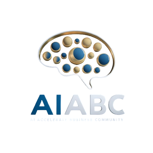 AIABC logotyp med stiliserad hjärnsymbol och cirklar i blått och guld, AI Accelerate Business Community utan bakgrund